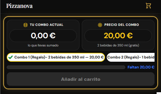 Elige el combo. Su precio queda arriba y la barra dice lo que falta.